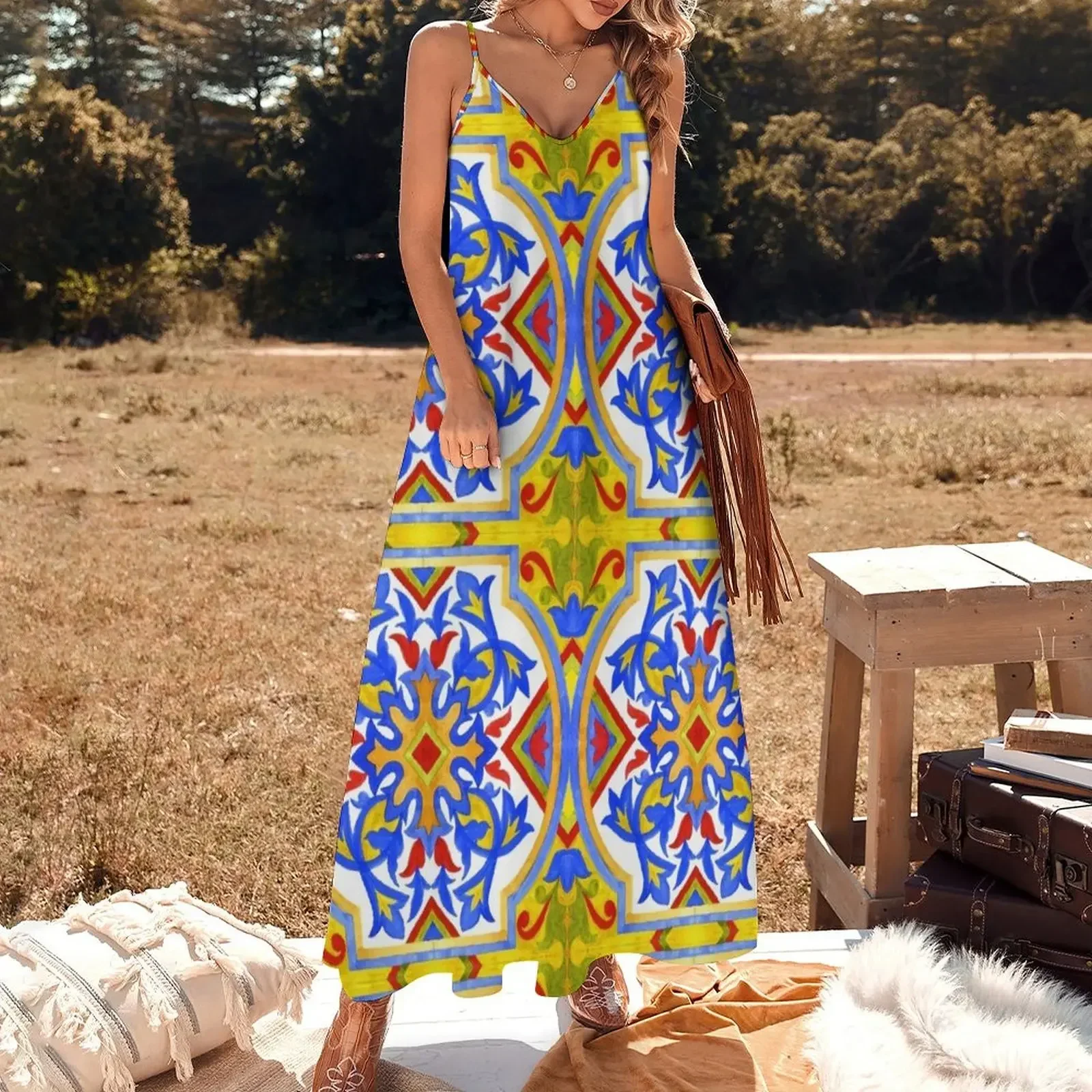 Portuguese azulejo tiles. Sleeveless Dress Dress vintage Woman fashion dress summer 2025 women