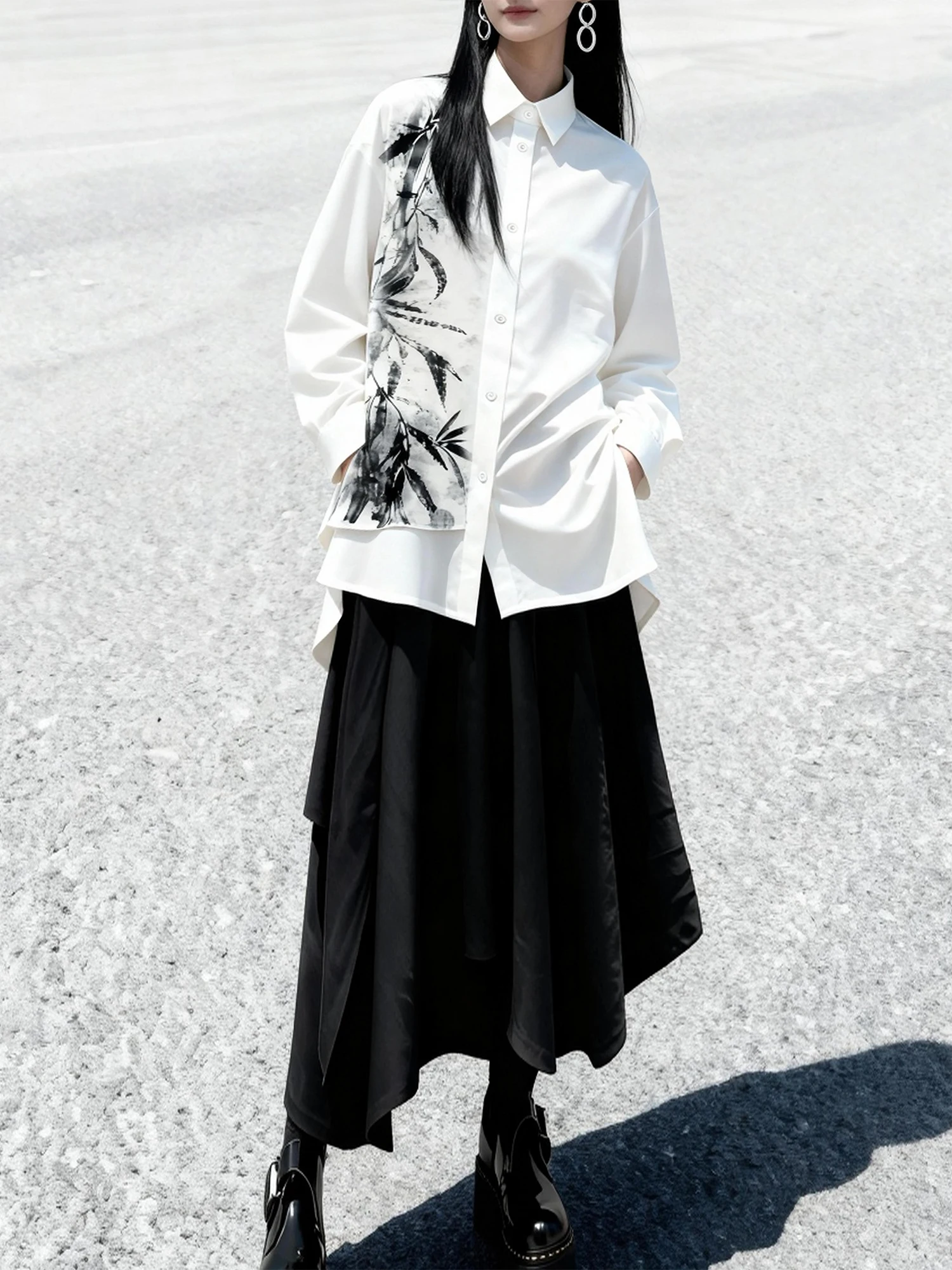 

Cloudy Hairpin White Printed adient Drifting Piece Silk irt Bla Satin Asymmetrical Loose Women's Casual Sle Long S...