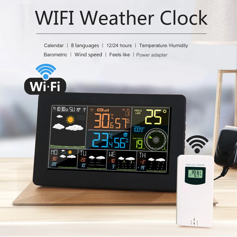 Multifunctional WiFi Weather Station APP Control Smart Monitor Indoor Barometric Wind Speed Digital Clock Functions with Sensor