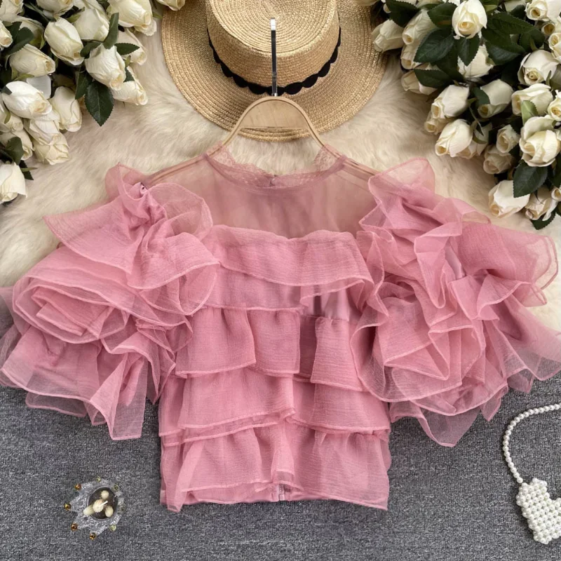 Neploe Chic Fairy Mesh Ruffle Edge Puff Sleeve Shirt 2024 Summer New Unique Foreign Chiffon Blouses Femme Sweet Gentle Blusas