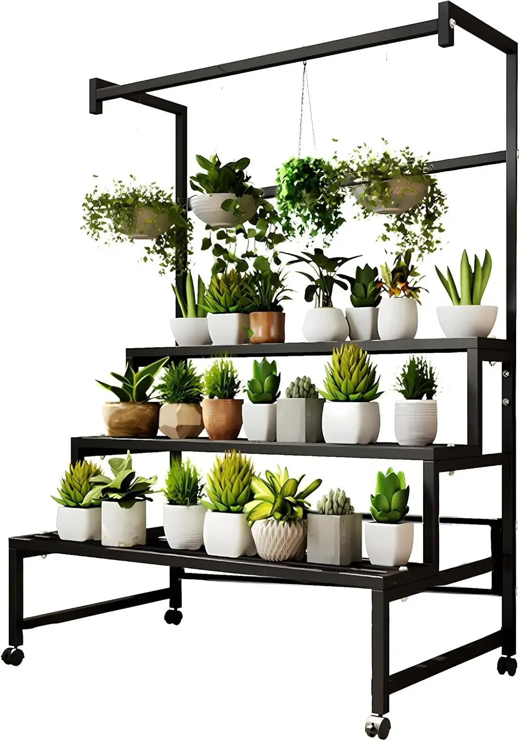 

3 Tier Hanging Iron Plant Stand, Black Multiple Tiered Flower Display for Indoor Outdoor, Large Metal Florist Shelf with Wheels,