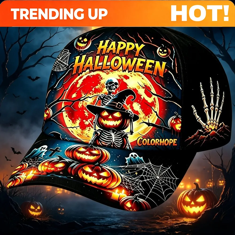 Custom Men' & Women' Halloween Themed Baseball Cap with Spooky Suitable for Halloween Gifts, Witches, Vampires, Ghosts Print