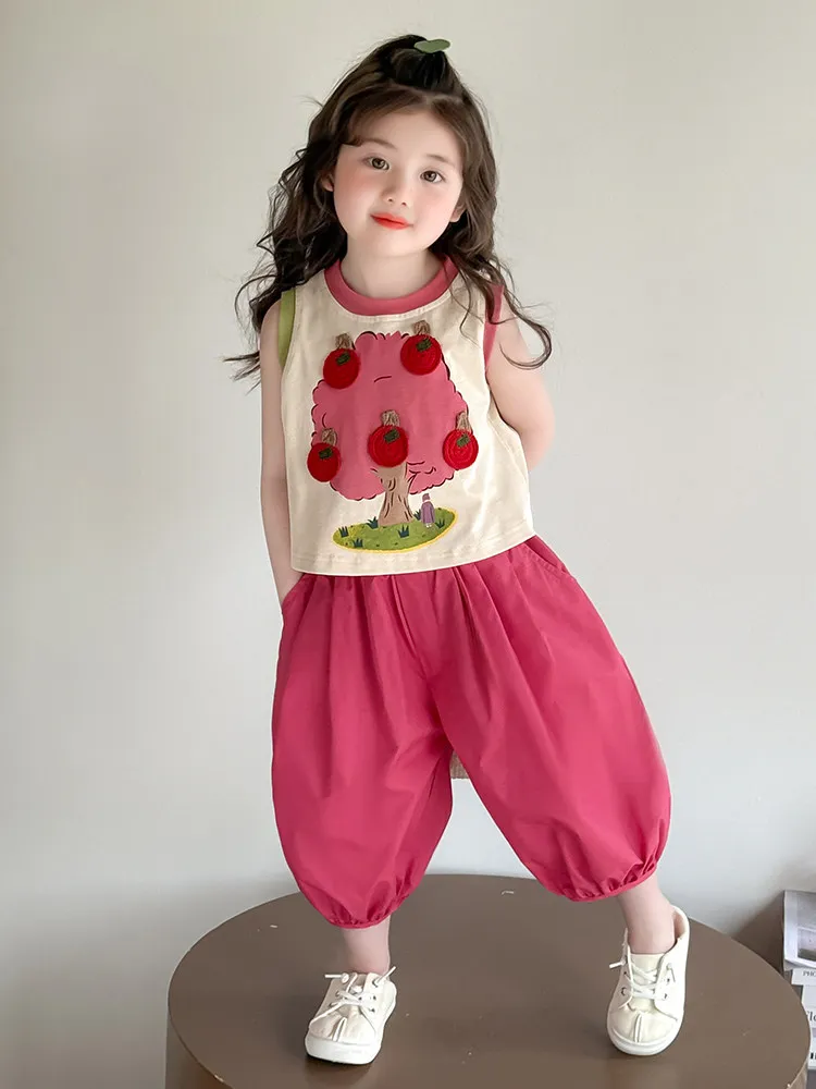 

Наряд с рисунком яблока для девочек, 90-140 см, хлопковый вязаный жилет, брюки-фонарики, синий, розовый, красный, повседневный летний детский комплект