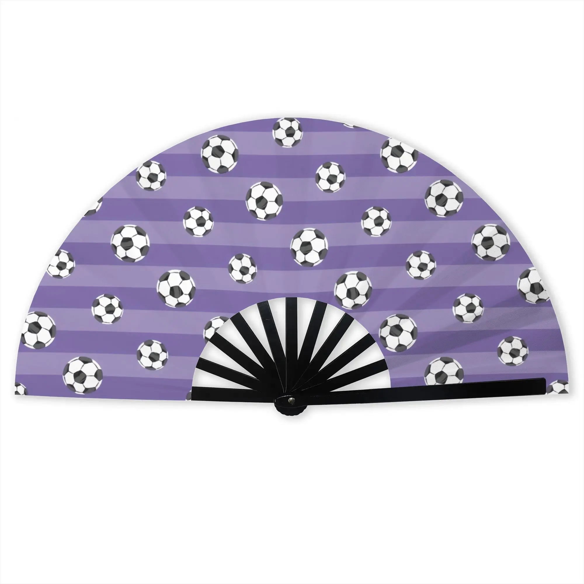 Soccer Balls On Purple Stripe Stylish Hand Fan Women Footbally  Printed Polyester Fan Trendy For Dancing Gift