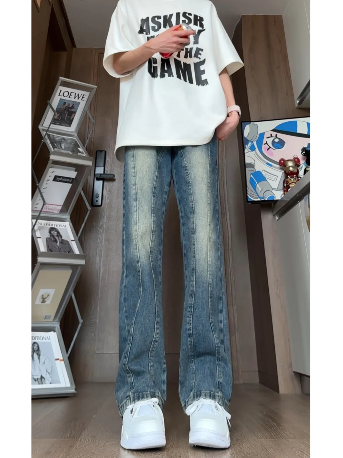 

Мужские джинсы в стиле ретро, средне-синие, с пэчворком, в американском уличном стиле, прямые, слегка расклешенные, модные брендовые джинсы