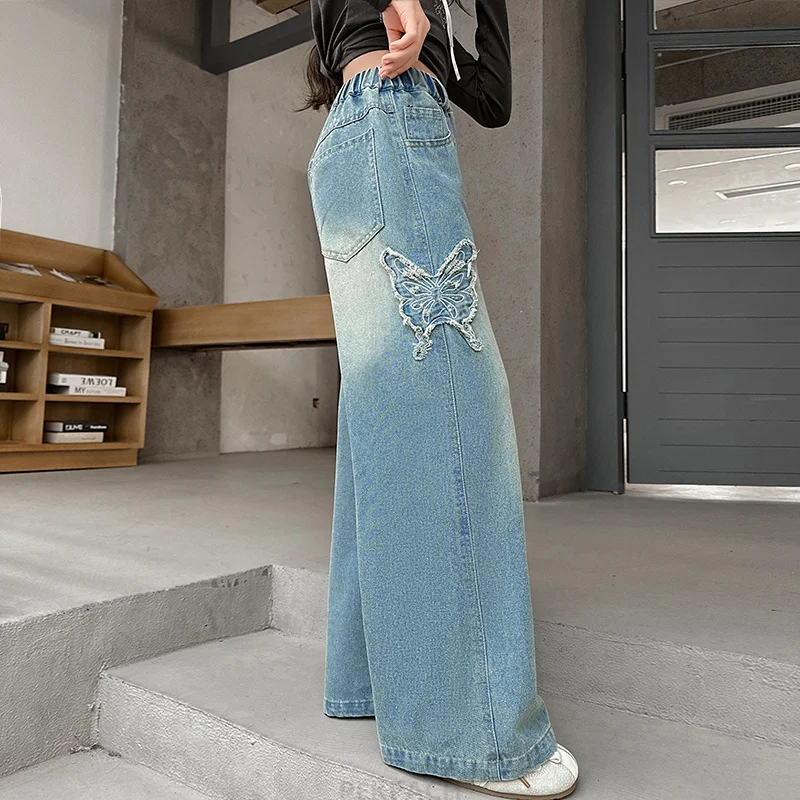 Moda para chicas, pantalones vaqueros de pierna ancha con mariposas, pantalones de corte recto, ropa de moda para niños, pantalones vaqueros negros y azules para niños de 5 a 14 años