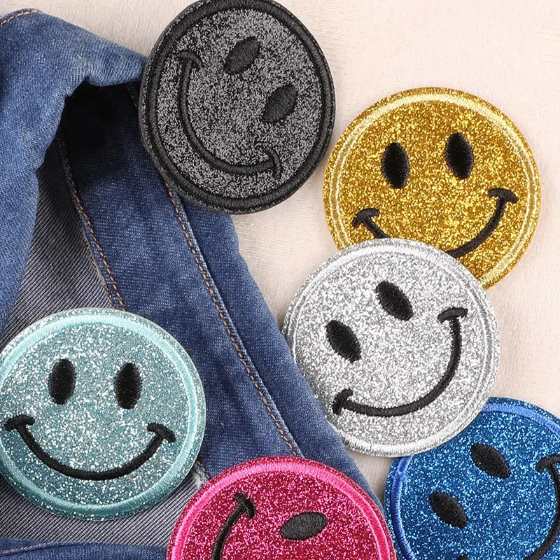 FZdiy Cartoon Smiling Face Patches for Clothing Stick on Embroidered Patches Self-adhesive Glue Patch on Clothes Sewing Applique