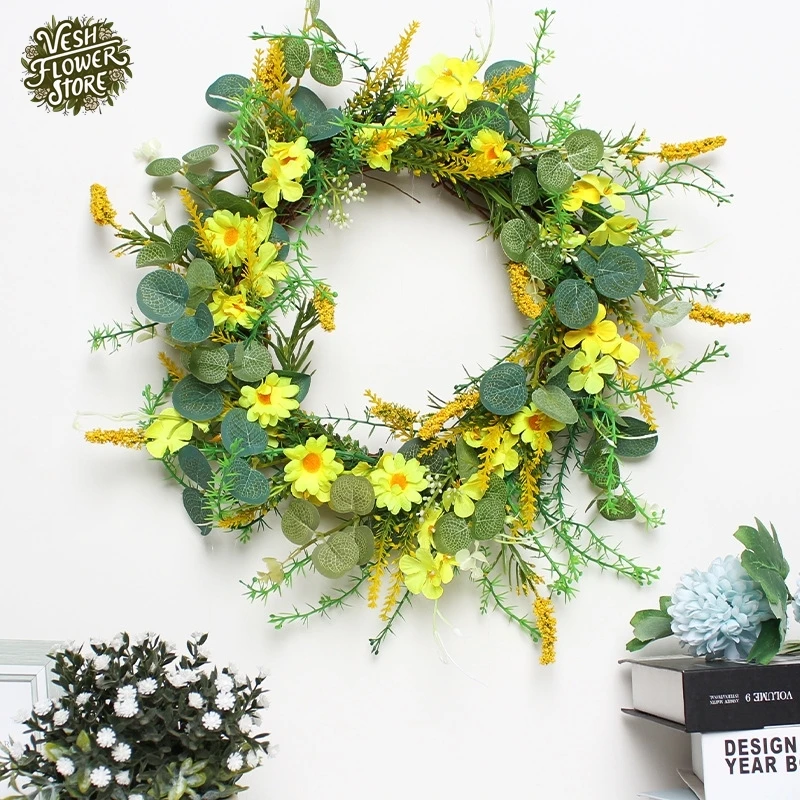 1PC Artificial Daisy Spring Wreath Simulation Door Decoration Wreath Wall Hanging Home Ambience Window Door Hanging Decor