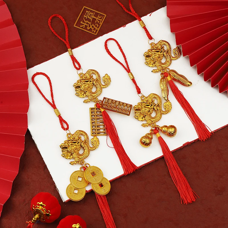 1Pc 2024 Year of the Dragon Gold-Plated Plastic Zodiac Dragon Pendant Lucky Mascot Home Car Hanging Ornaments New Year Gifts