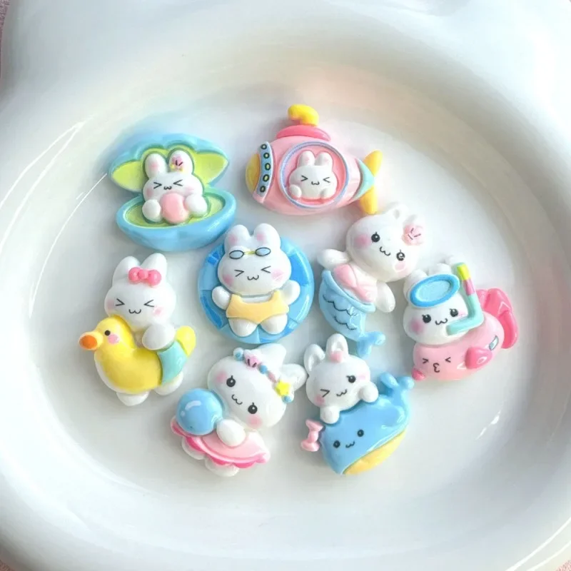 10PCS Cartoon Ocean Cross Dressing Bunny DIY Resin Accessories Cream Glue Hair Ornament Water Cup Keychain Accessories