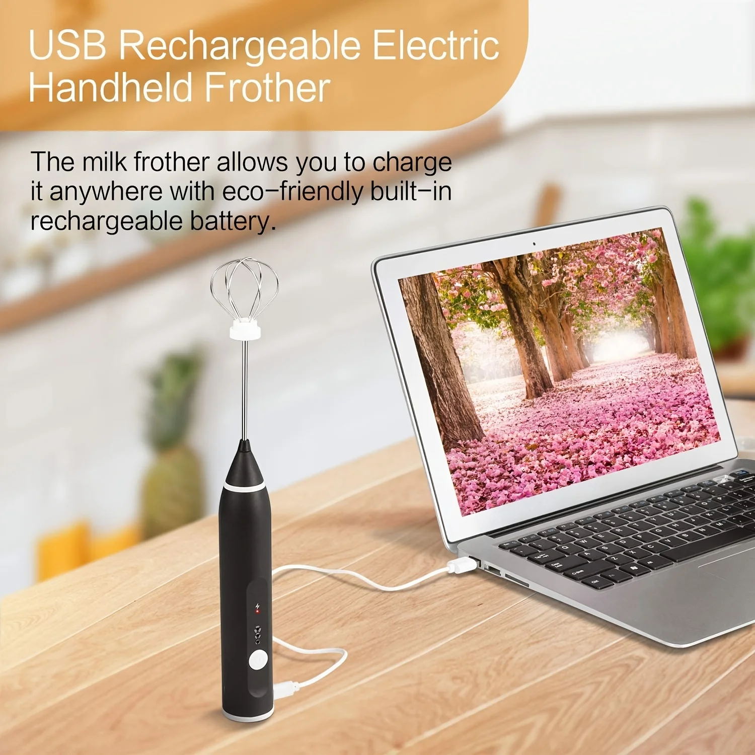 USB Rechargeable Milk Frother with 2 Stainless Whisks, 3-Speed Adjustable - Perfect for Coffee, Latte, Cappuccino