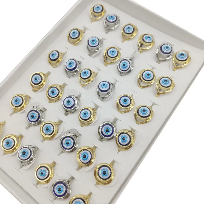 36pc/Lot Wholesale Mix Different Evil Eye Crystal Finger Rings For Women Party Soft Clay Demon Eyes Stainless Steel Wide Bar Men