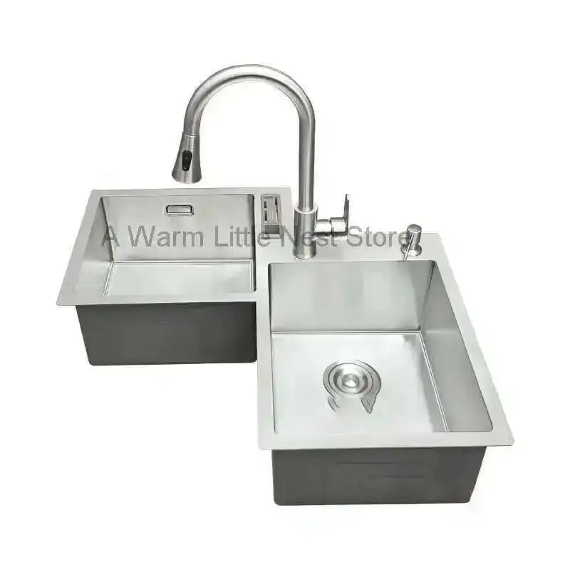 

Furniture Thickened 304 Stainless Kitchen Steel Sink Basin Corner Shaped Double Stainless Steel Kitchen Sinks Accessories Bh