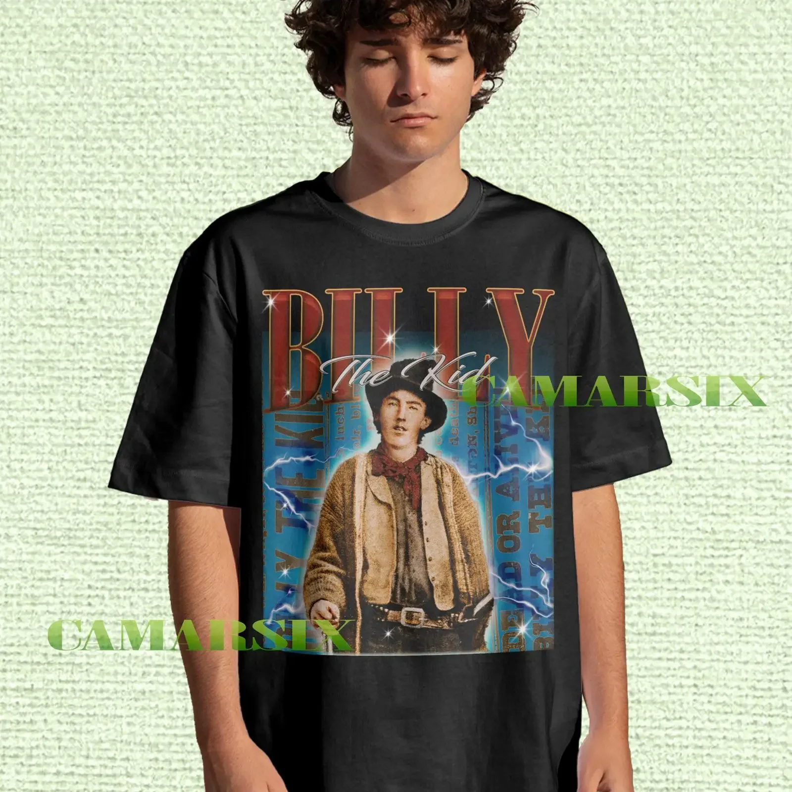 Vintage Billy the Kid T shirt Black Crew Neck Western Outlaw Retro Lightning Print Casual vintage Washed Versatile
