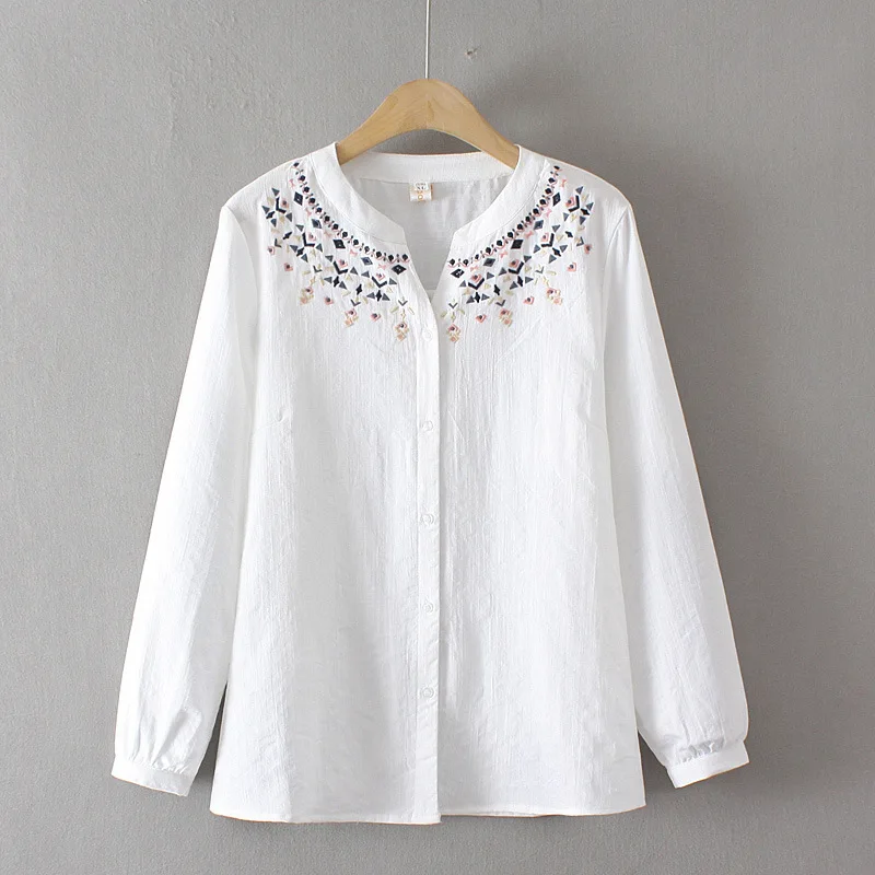 New Autumn Artificial Cotton Shirts Women Basic Large Top Girl Embroidery Casual Retro Fashion Loose Blouses Spring 4XL T39374QM