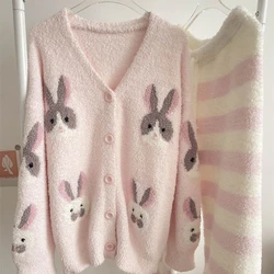 Korean Fashion Sweet Kawaii Plush Pink Knitted Pajamas Suits Autumn Winter Thickened Warm Casual Loungewear Sleepwear for Women