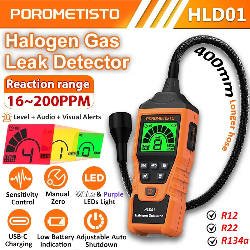 

Детектор утечки галогена HLD01 с шлангом 400 мм и бело-фиолетовой индикацией, 3-в-1 сигнализация, высокочувствительный датчик газа