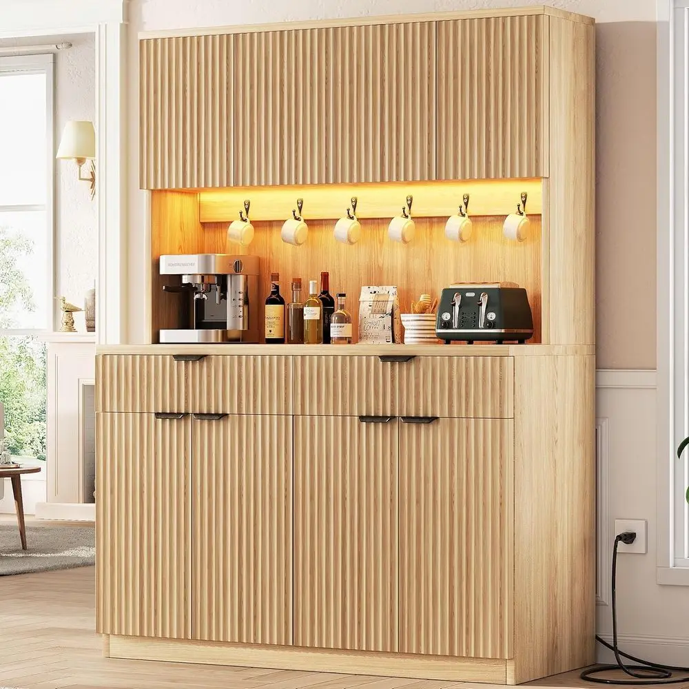 71 Tall Natural Kitchen Pantry Cabinet with Charging, LED Light, and Microwave Stand