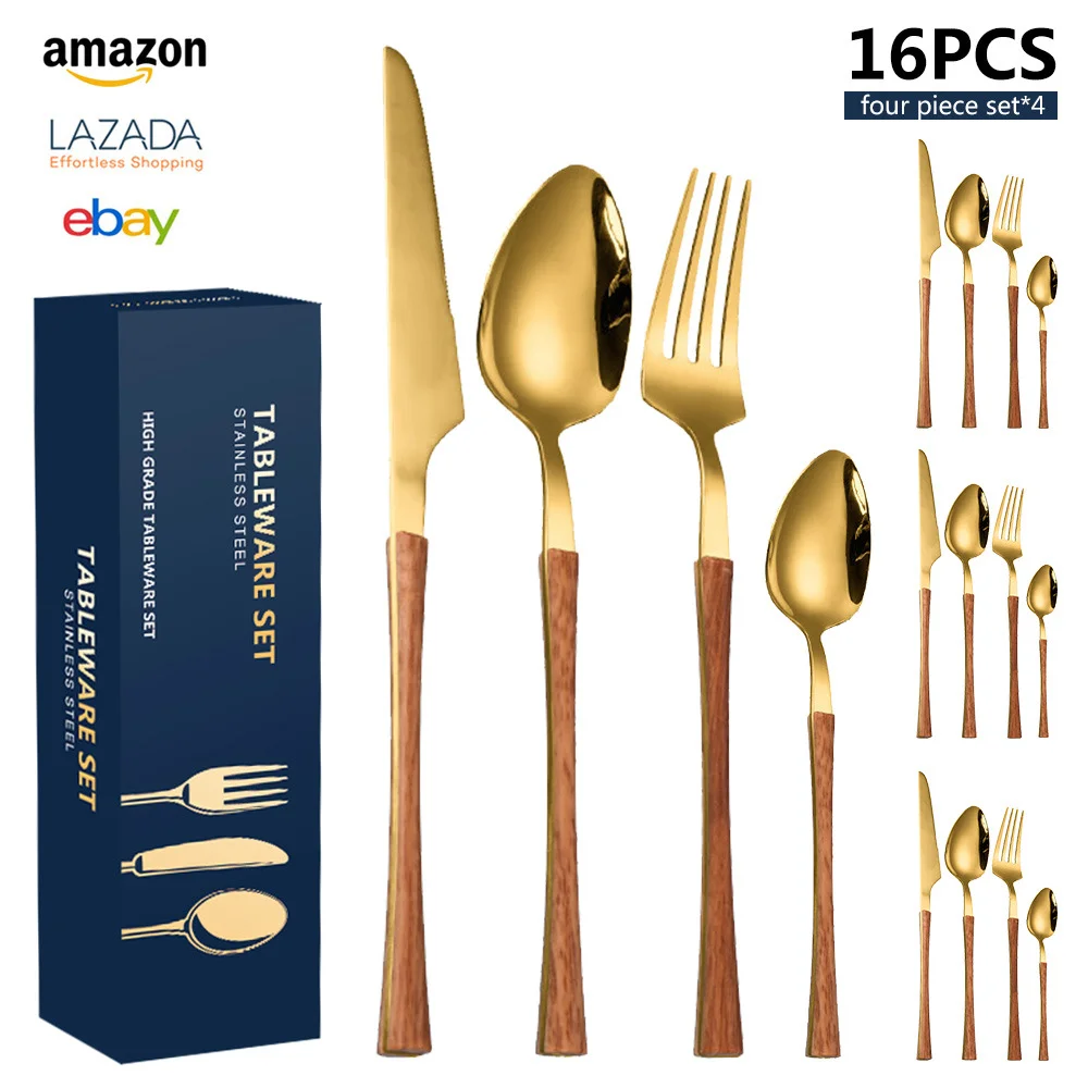 

Stainless Steel Cutlery Set with Wood Grain Design 16 Piece Set Silverware for Western Dining