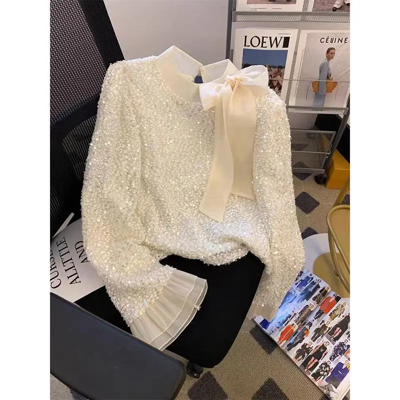 Celebrity sequined bow shirt women's 2025 autumn new Korean chic horn long-sleeved bottoming top