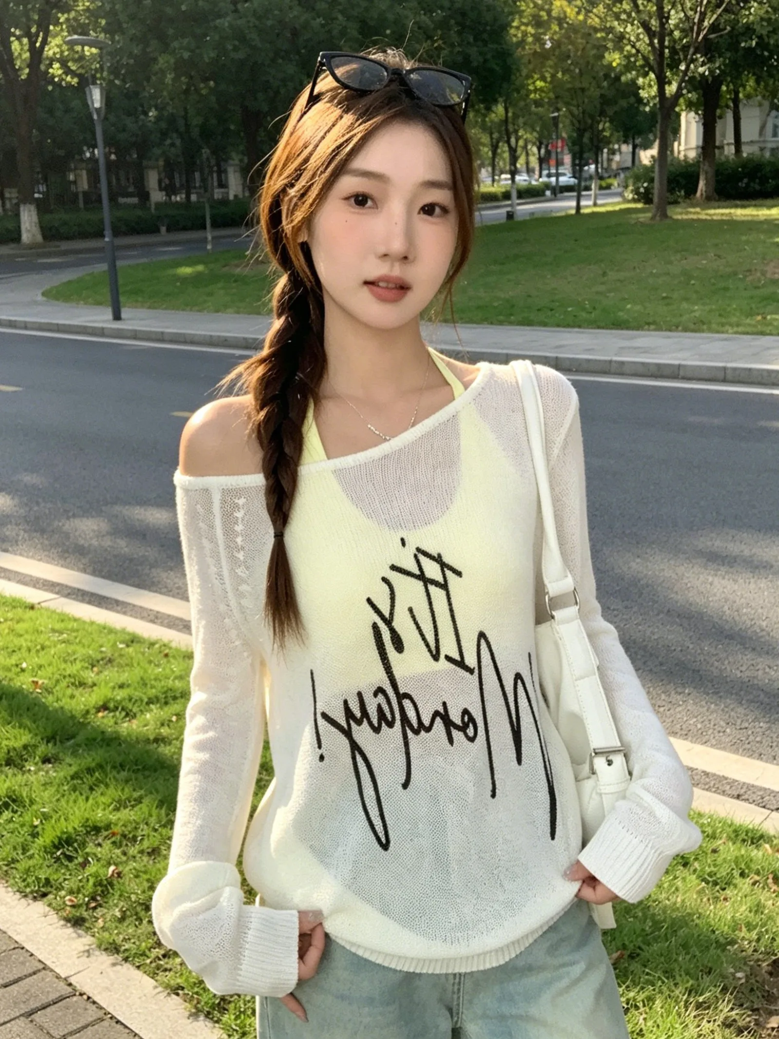 

Women's Knitted Long Sleeve T-Shirt Pure Desire Slant Collar Shoulder Bared Letter Print Casual Fit Comfortable Soft Fabric