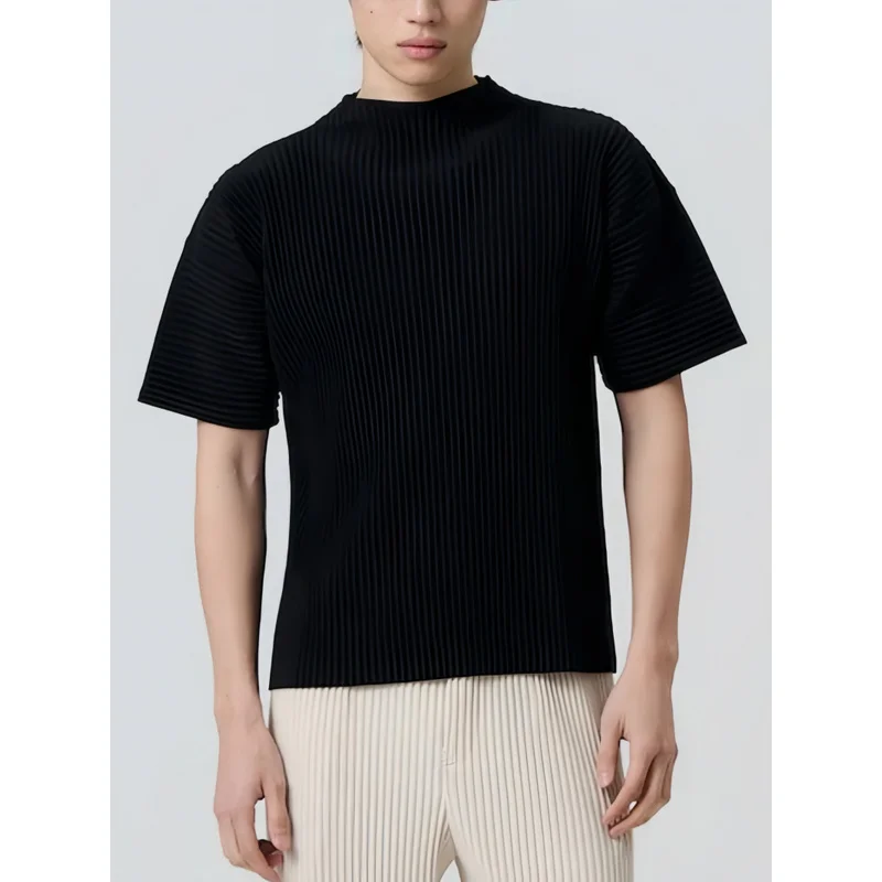 Miyake Pleated Men T Shirt Turtleneck Short Sleeve Top Split Hem Japanese Style Casual Loose Fit Minimalist Streetwear Fashion — купить у AliExpress WW