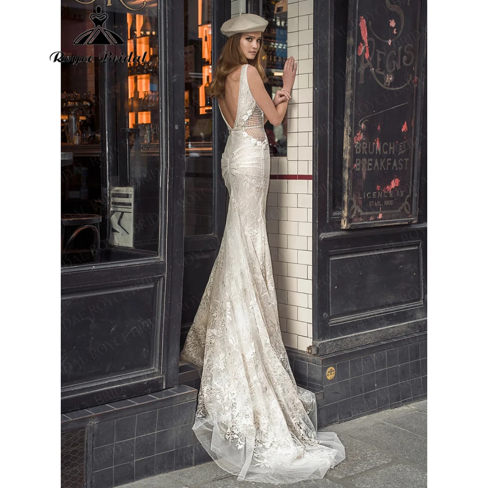 Roycebridal Glamorous Deep V Neck Full Lace Mermaid Wedding Dress Strap Court Train 2025 Bridal Gowns Customized Robe De Mariée