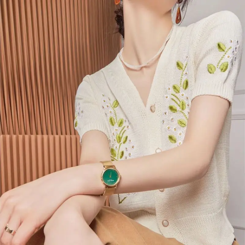 Women Summer Thin Fashion Casual V-neck Embroidered Short Sleeve Slim Comfortable Ice Silk Sweater Knitted Button Cardigan Tops