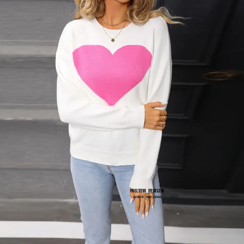 

New Knitted Sweater for Women New Style Lazy Style Gentle Pink Love Loose Autumn and Winter Knitted Top