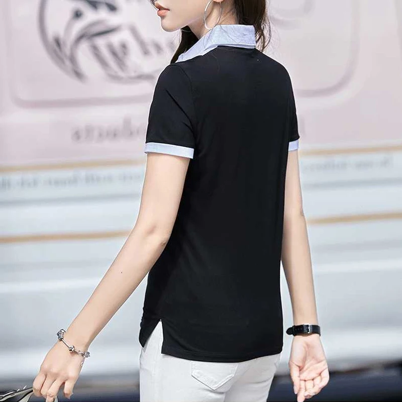 HI-FASHION Women Lapel Buttons T-Shirt Korean Loose Vintage Female tshirt Woman Summer Cotton Fake Two Peice Plus Size Shirt