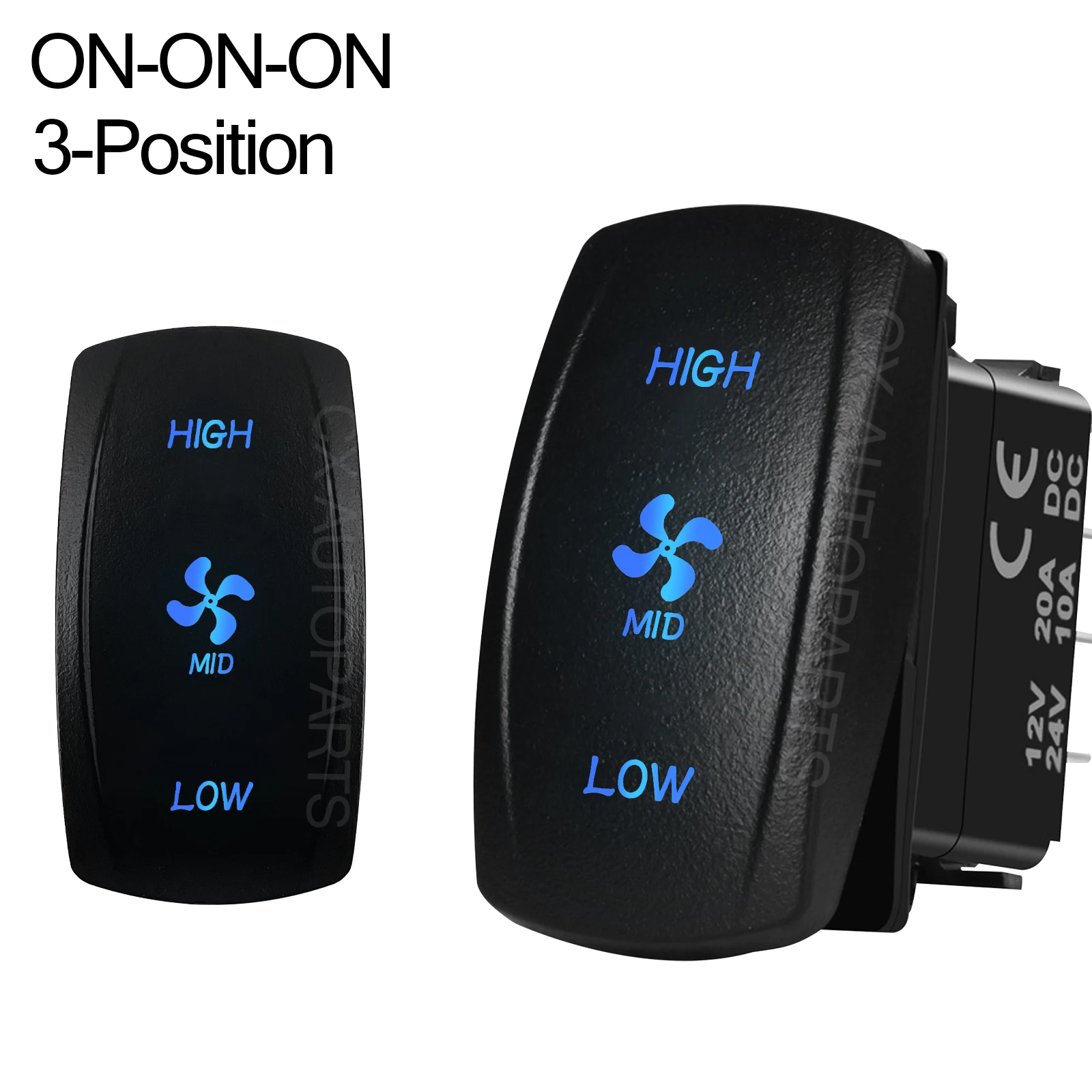 High-Middle-Low 3-Speed Fan Switch ON-ON-ON Blue LED Rocker Switch 12V 20A Waterproof for Car Boat Yacht Truck SUV Off-Road