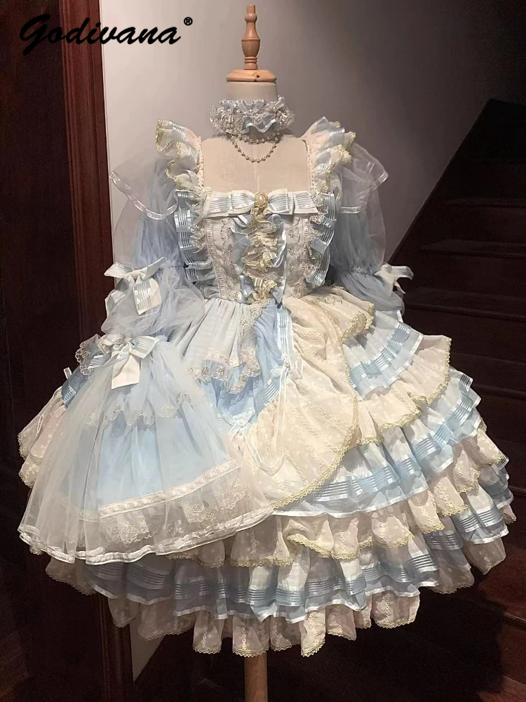 Lolita Princess Dress Set Female Girls Sweet Flower Wedding Spring and Autumn Sweet Bow Lace Flare Sleeve Slim Ball Gown Dress