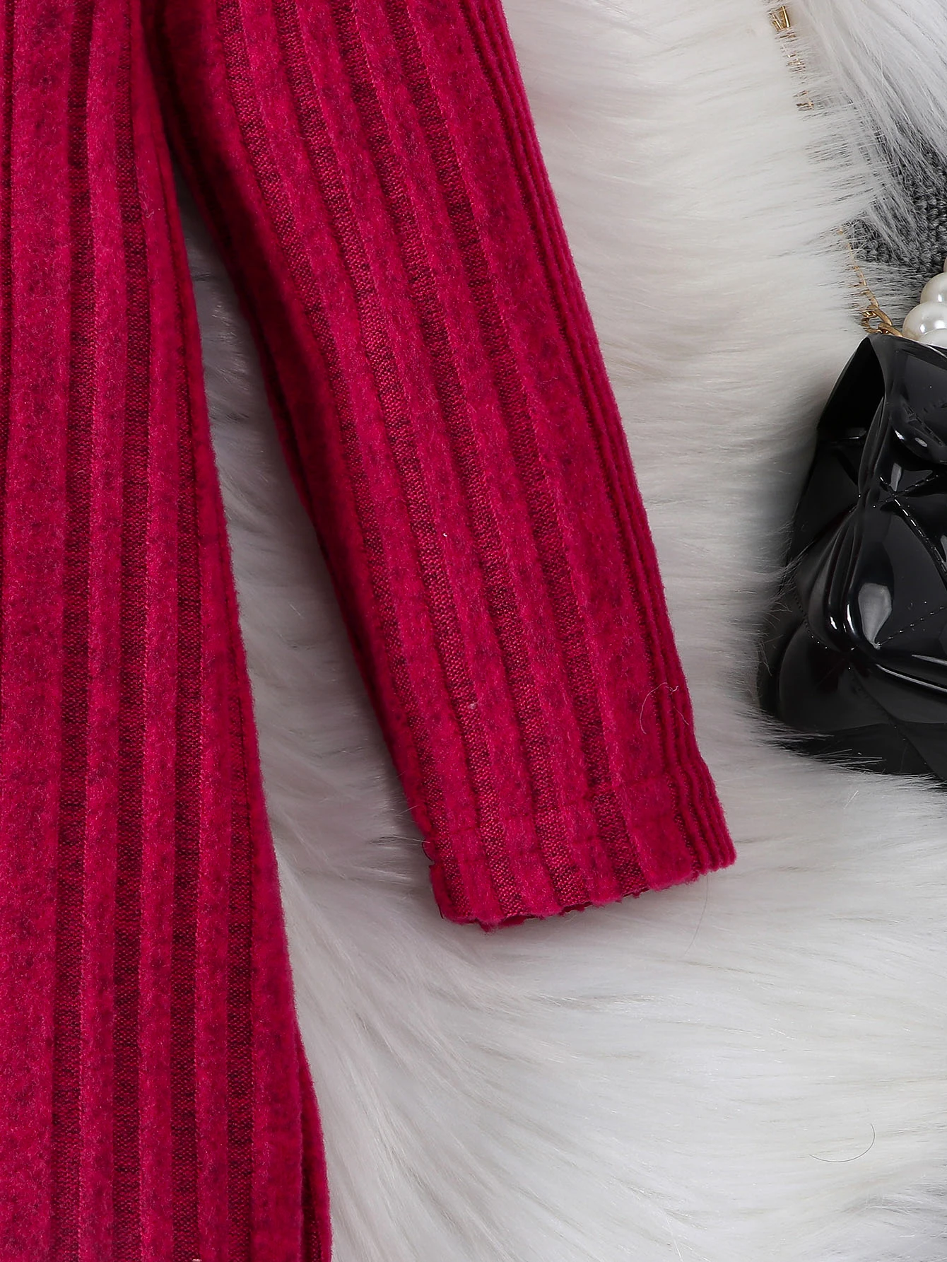 Autumn and winter girls\' long sleeved round neck solid color pit stripe knitted casual simple and fashionable cute dress