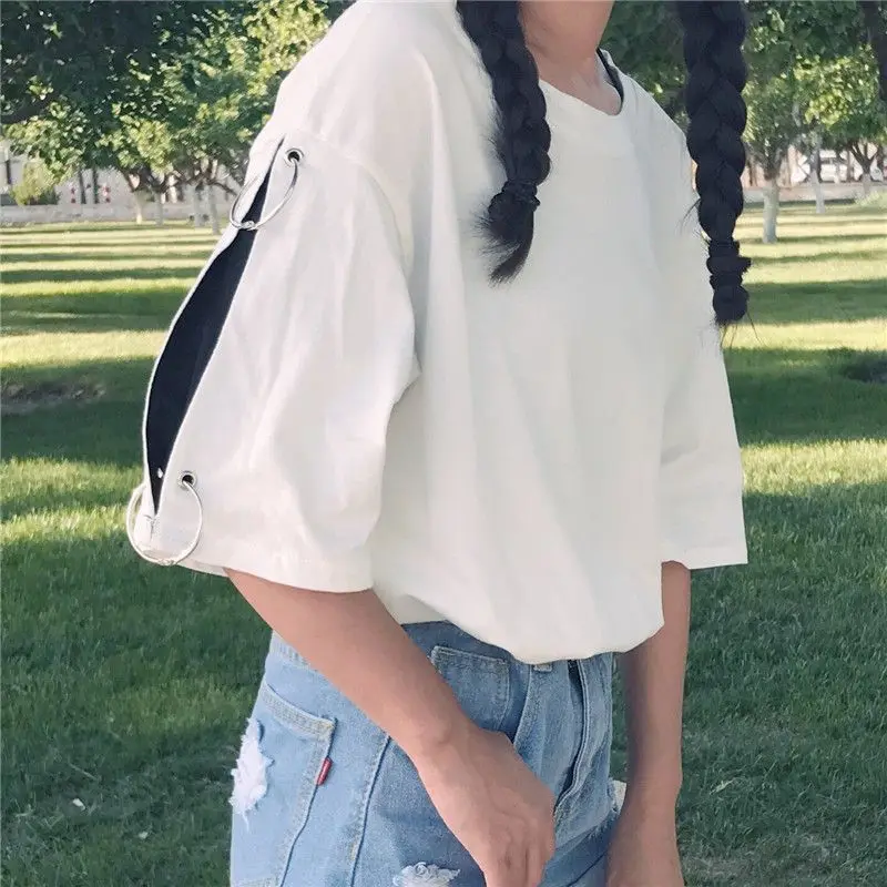 Loose Short Sleeve T-Shirt Women's White round Neck Casual Versatile Half Sleeve 3D Ring Design College Style Spring Summer