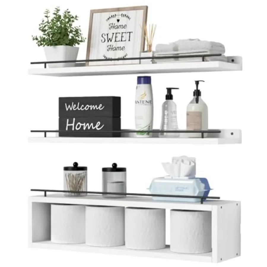 

24 inch Floating Wall Shelves with Metal Rail for Bathroom Decor White Cube Shelves Over Toilet Storage Organizers