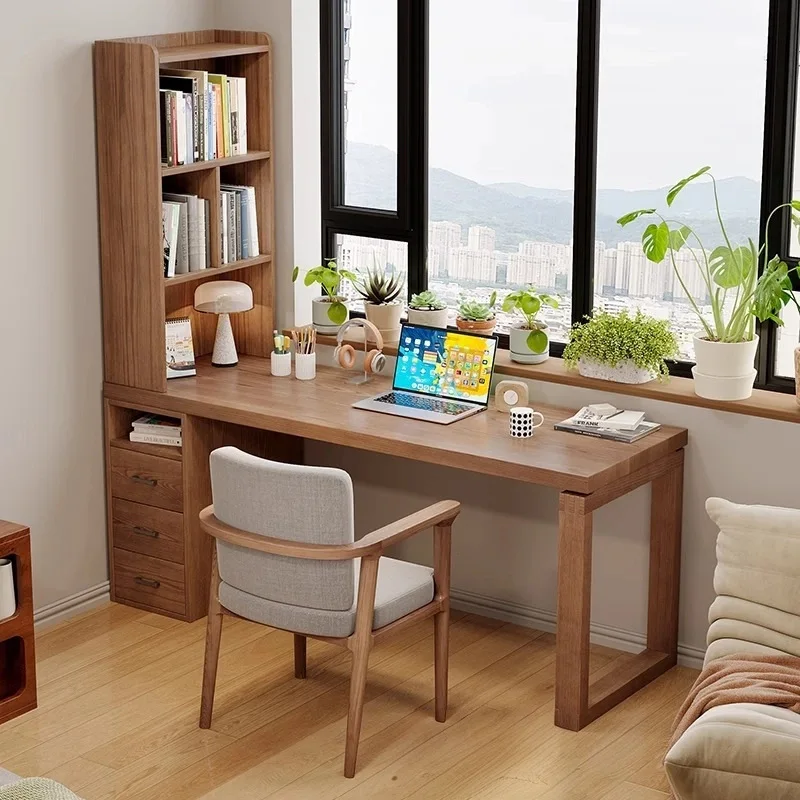Study solid wood desk bookcase integrated side storage cabinet computer desk long table with drawers bedroom study table