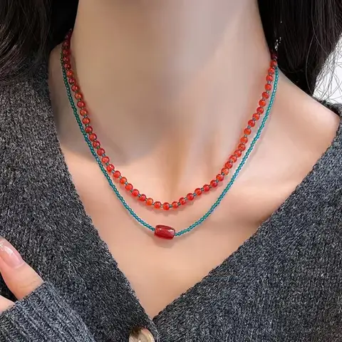 레트로 레드 블루 대비 다채로운 천연 석재 큐브 여성을위한 페르시 목걸이 도매 비즈 스트랜드 초커 미적 보석