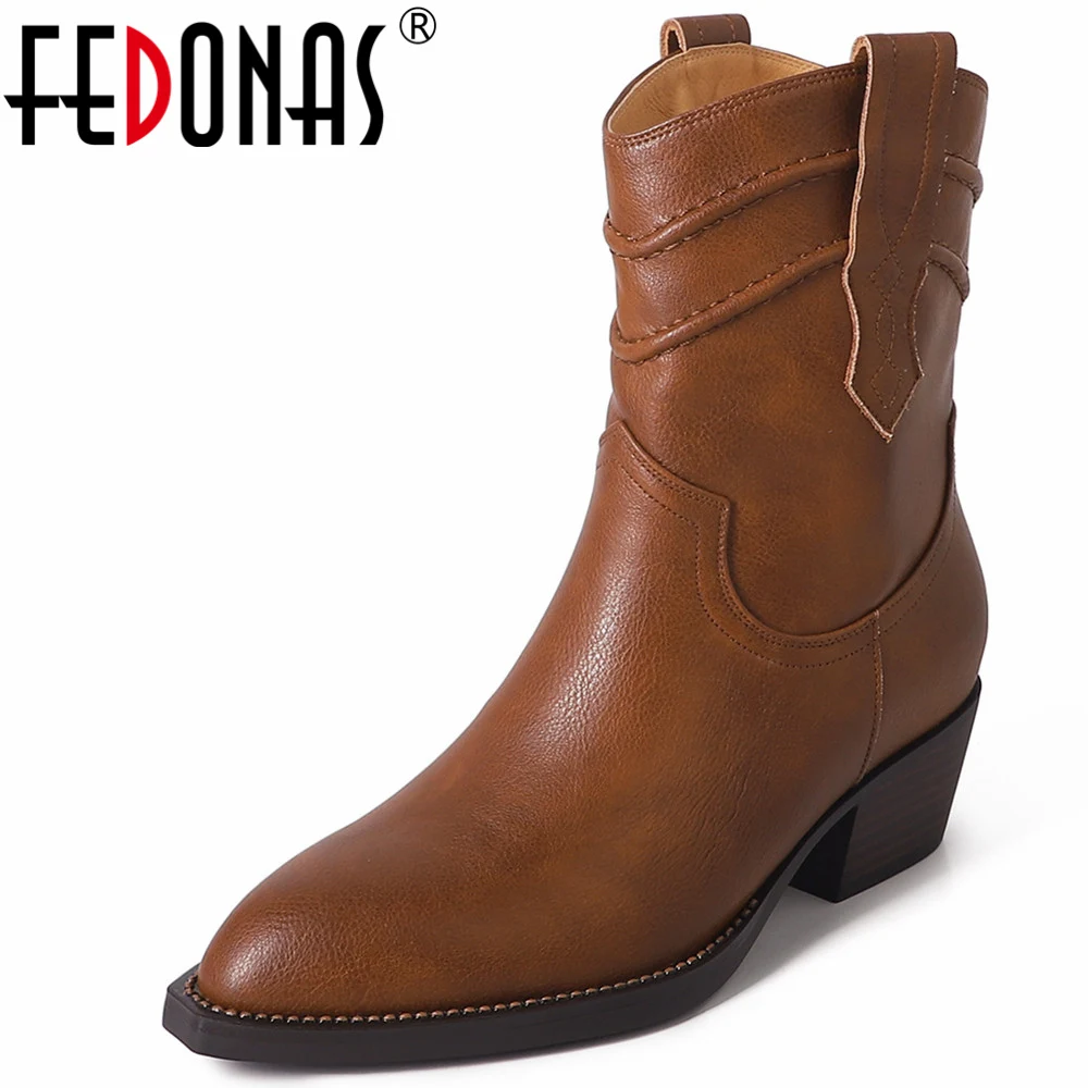 FEDONAS Retro Women Western Short Boots 2024 Autumn Winter Genuine Leather Thick Heels Office Working Shoes Woman New Arrival