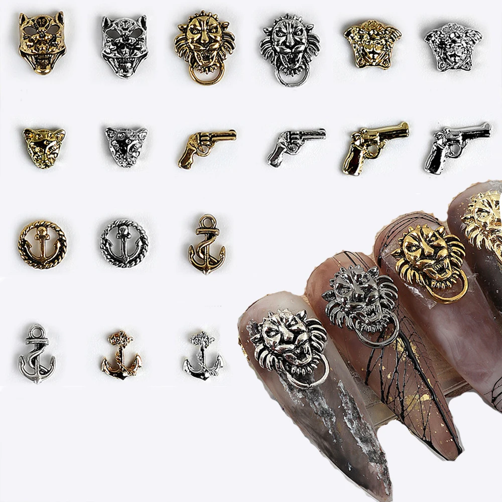 20szt Punk Gun Shape Hip Hop Nail Jewelry 3D Silver Gold Metal Anchor Lion Head Pistol Nail Decoration DIY Goth Akcesoria do paznokci