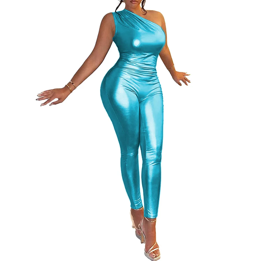 Women's Sexy Stretch Skinny Jumpsuit, Sleeveless, One Shoulder, Shiny Metallic Bodycon, Party Club Playsuit, Cosplay