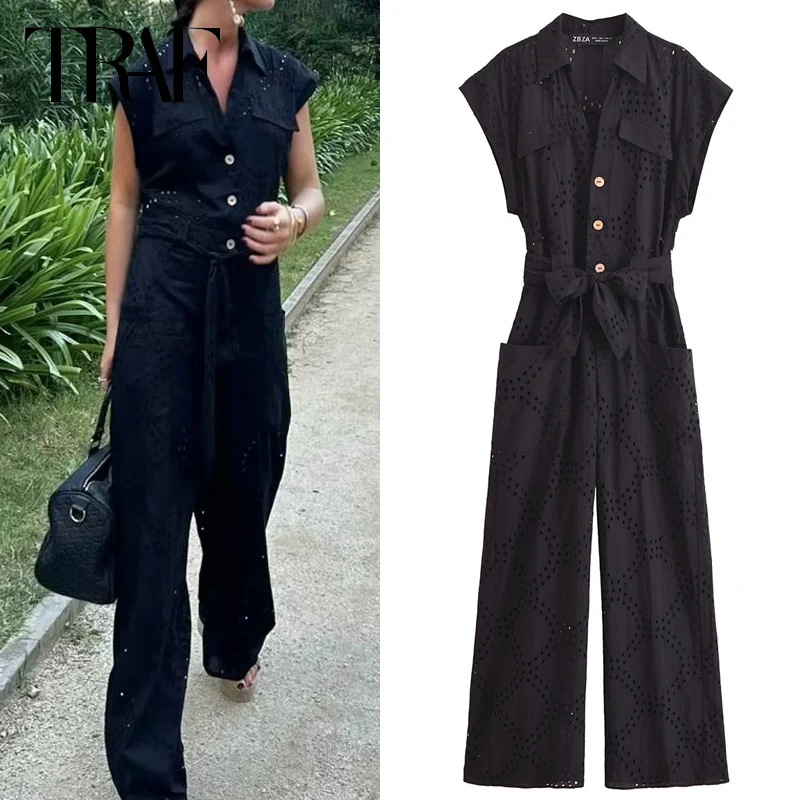 

TRAF Women Jumpsuit Summer 2024 Hollow Out Embroidered Jumpsuit Black Sleeveless Overall With Belt Fashion Casual Lady Jumpsuits