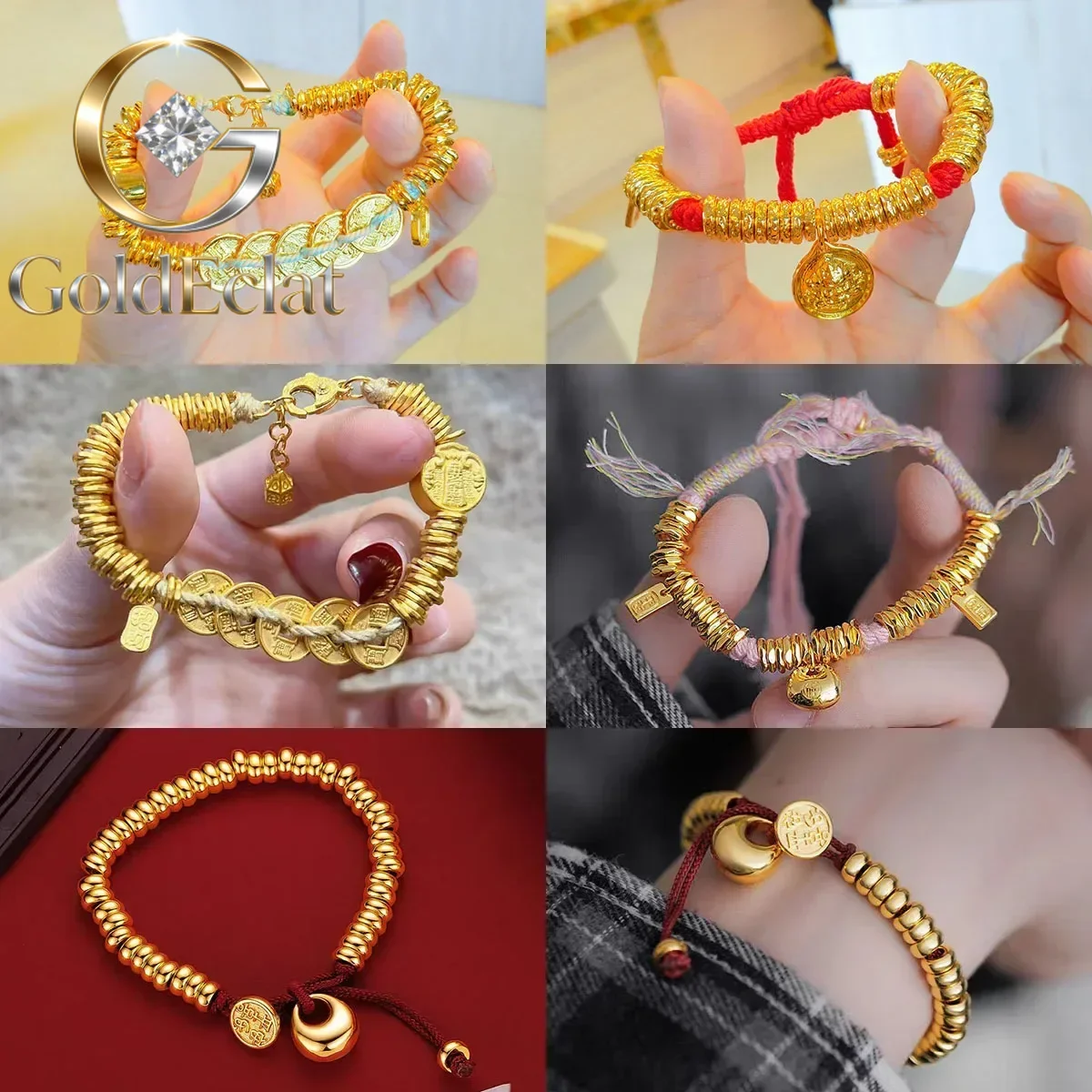 

GoldEclat 24K Real Gold New Disk Bracelet Fat Lottery Rope Ethnic Style Bracelet New Chinese Style DIY Au9999 Broken Gold Brace