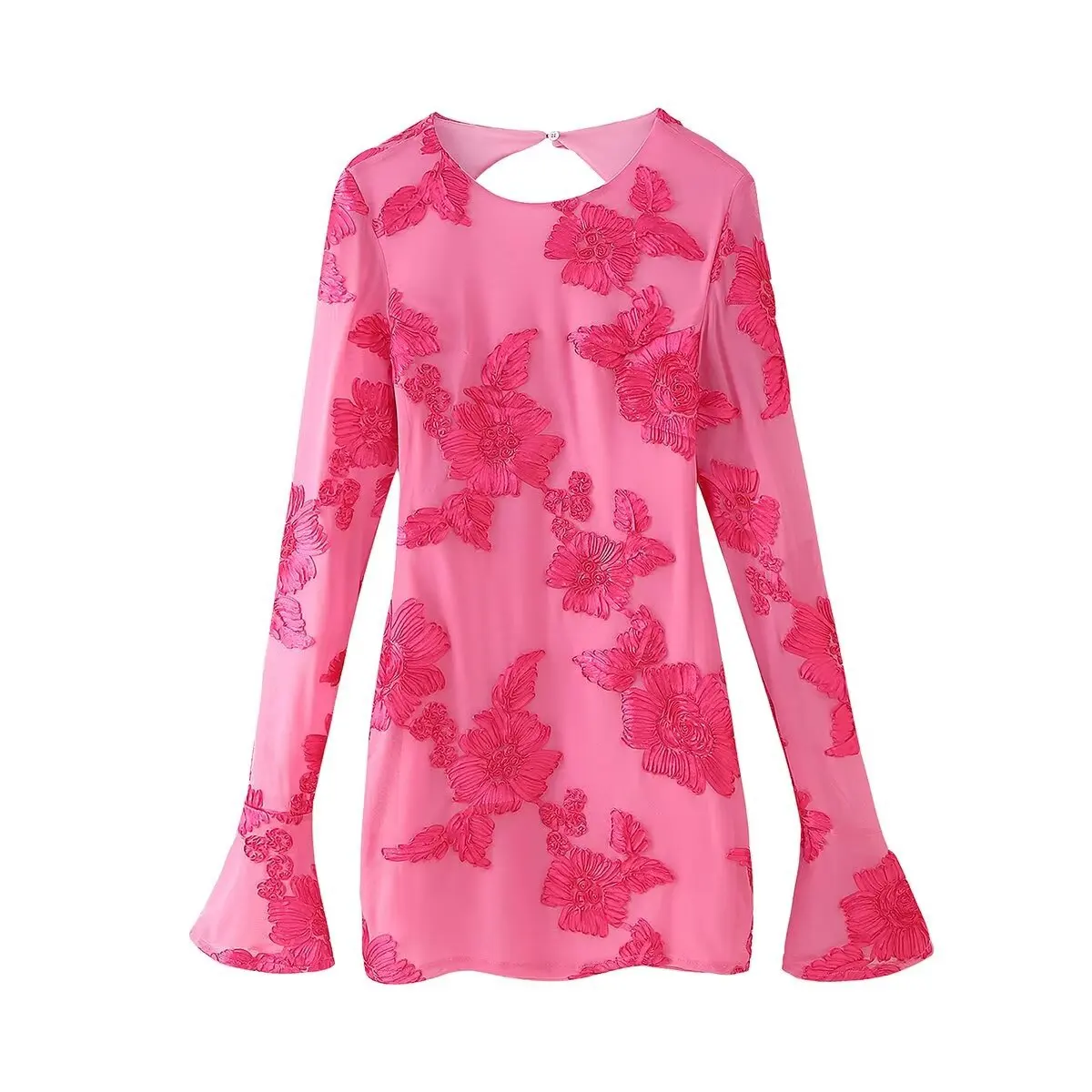 

New Autumn and Spring Women's French Style Waist Cinched Three-dimensional Floral Long Sleeved Backless Dress Women's Clothing