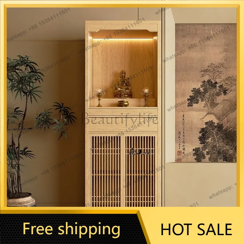 YJ New Chinese Ash Wood Shrine Cabinet Household Buddha Hall Altar Table Home Worship Stand For Guanyin God of Wealth