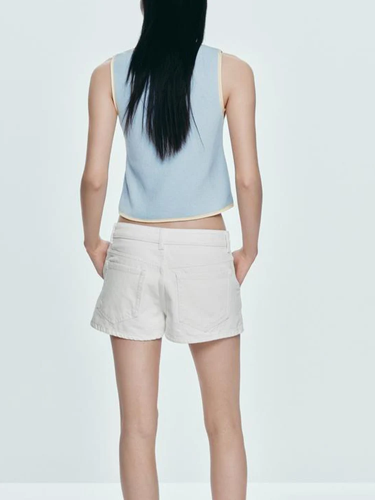 Europejski i amerykański styl, nowa kolekcja jesienna, damska odzież, patchworkowy, ozdobny, okrągły dekolt, bezrękawnik, dzianinowy top.