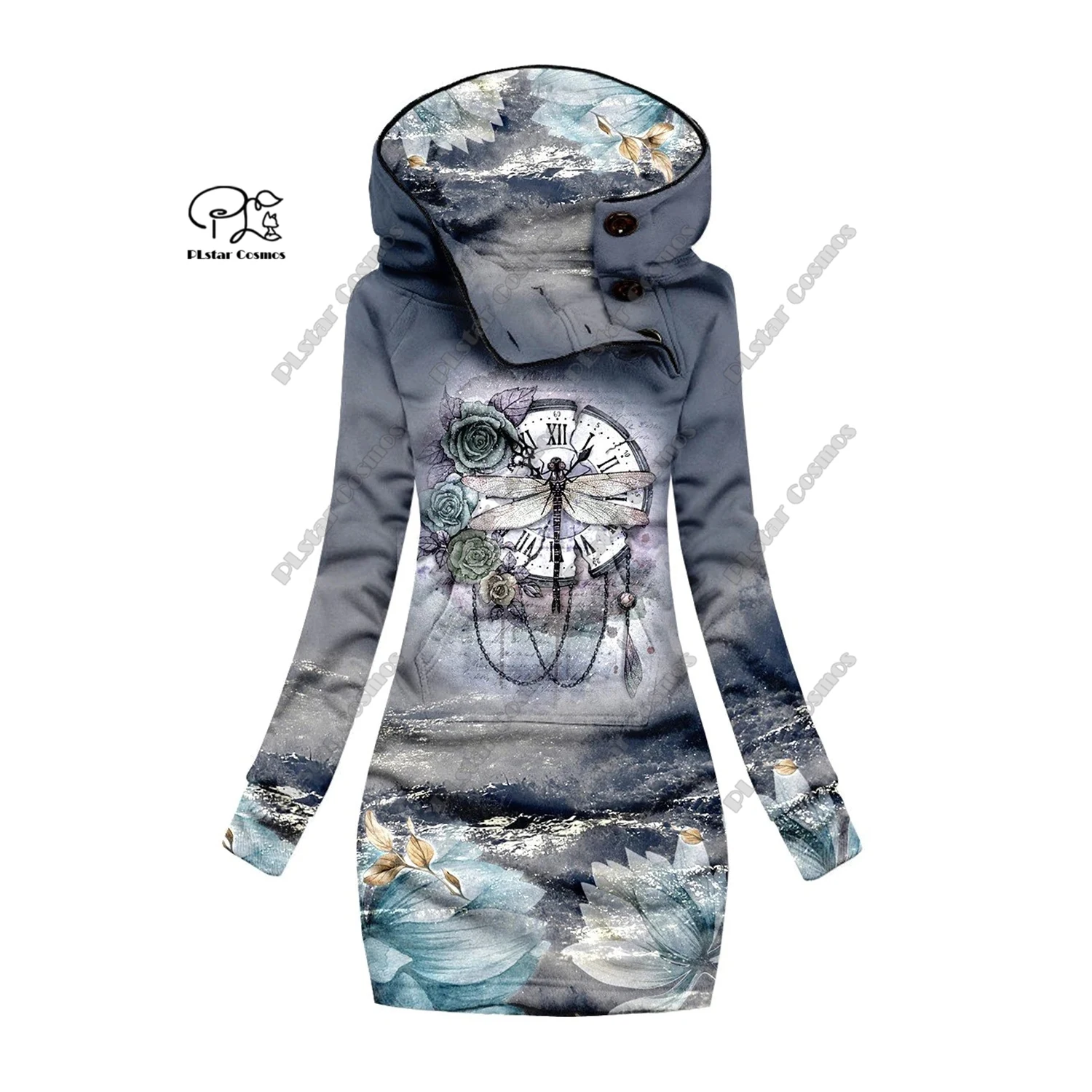 Sudadera larga con estampado 3D de copo de nieve de Navidad para mujer, patrón de mariposa y libélula, cuello especial, vestido para mantener el