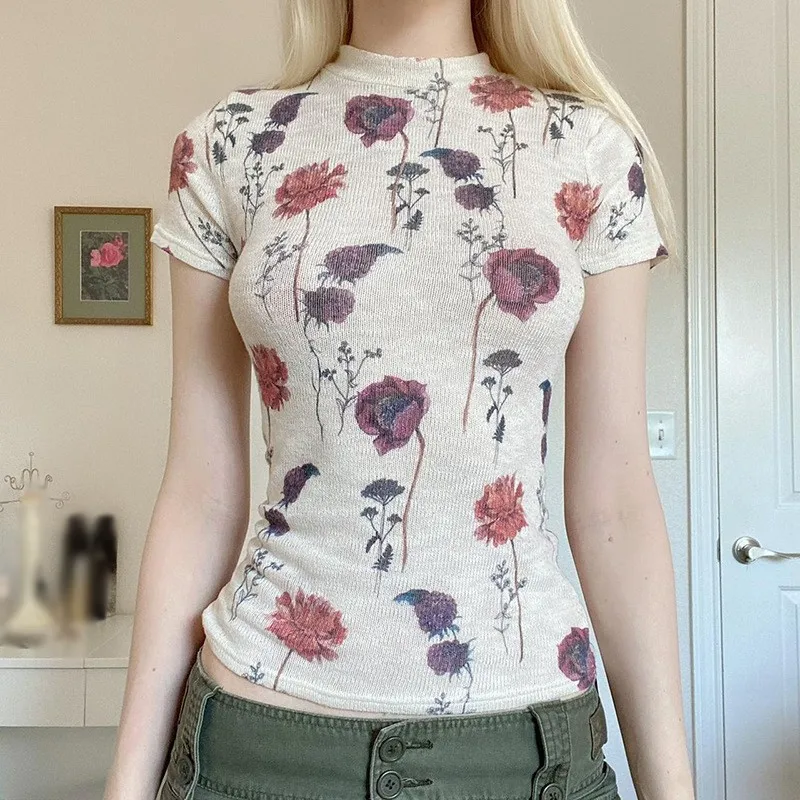 

Summer Fashion Short Sleeve Tops Women's T-Shirts Retro Rose Printed High Collar Casual T-Shirts Women's Y2K Clothes T-Shirts
