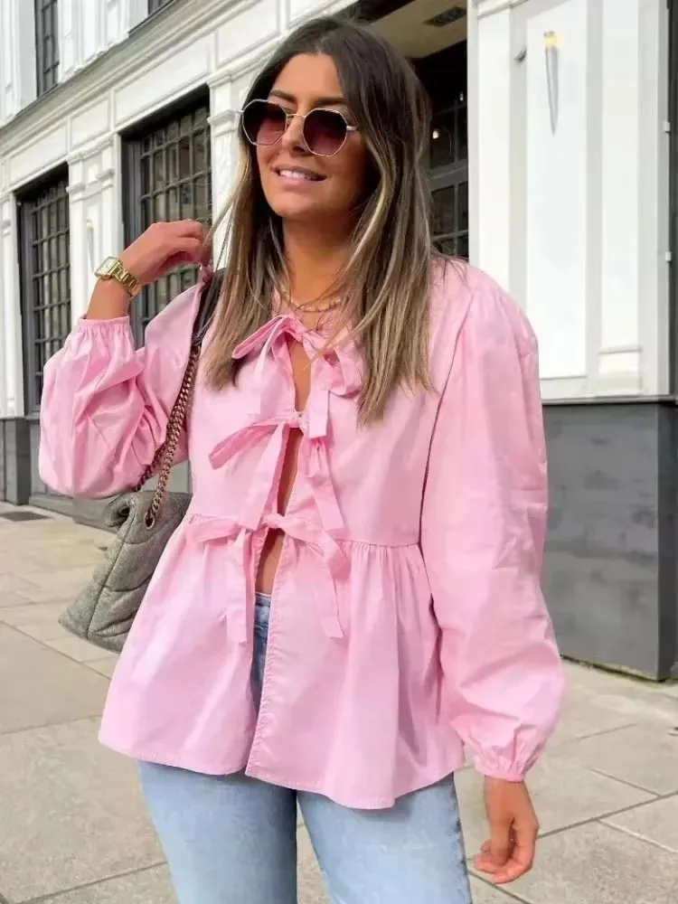 HH Shirts For Women Elegant Front Bow Tie Pink Blouse Top Puff Sleeve Shirt Spring Summer Women Casual Streetwear Top