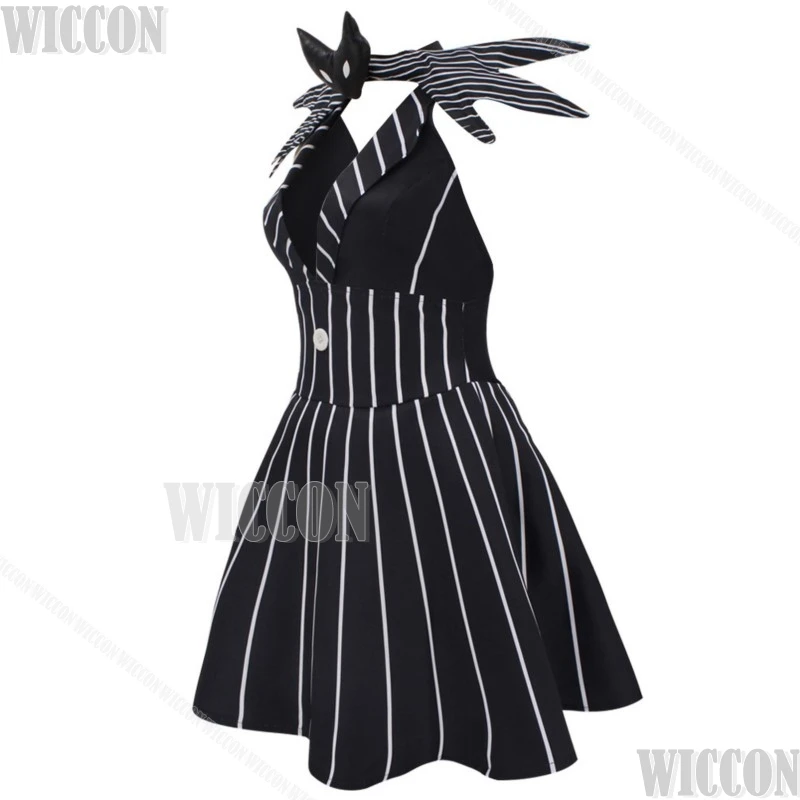 Jack weibliches Cosplay Kostüm schwarz und weiß gestreiften Rock Kleid Halloween Albtraum Rollenspiel Frauen Uniform Schädel Maske großen Mund