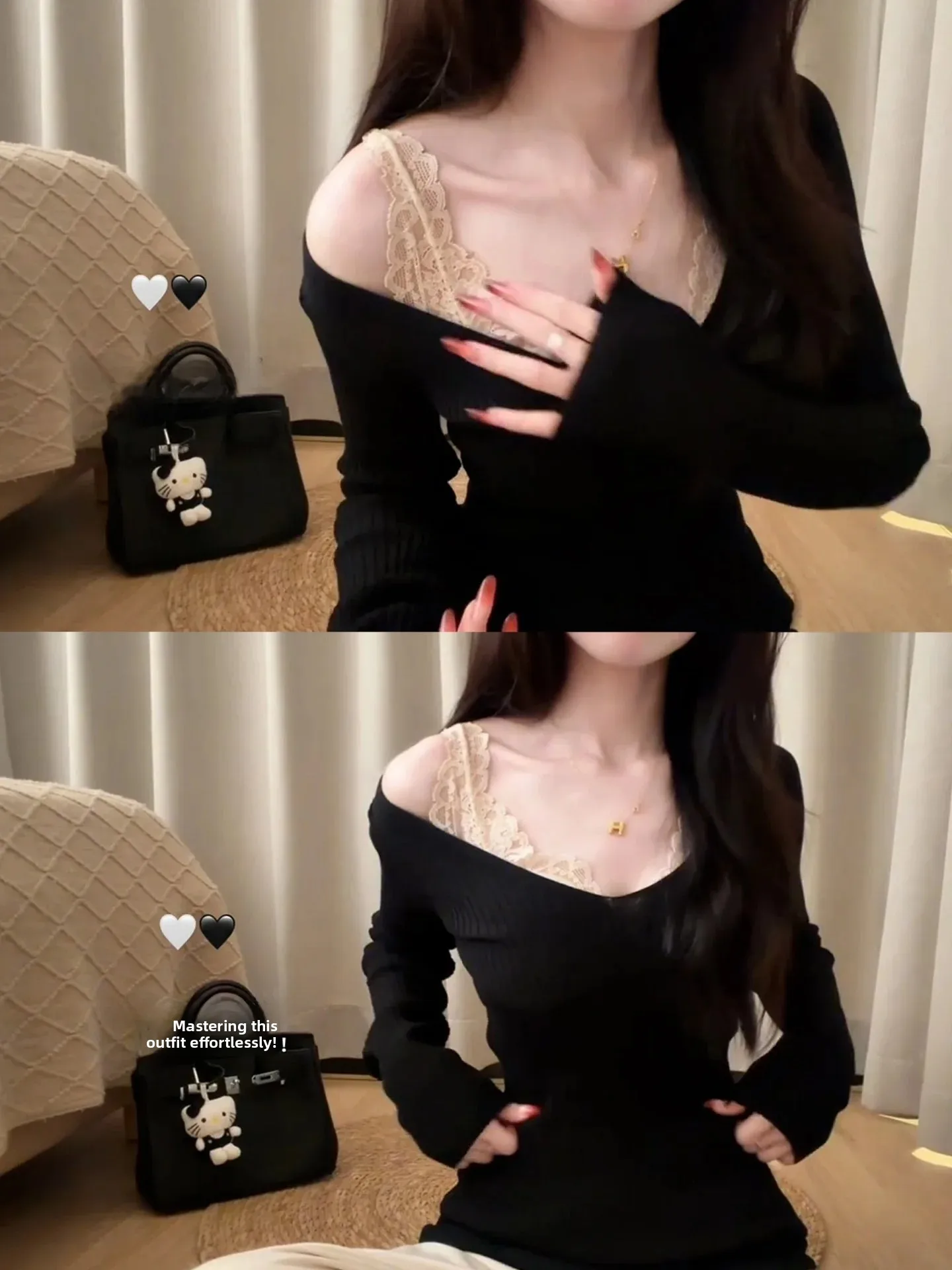 Korean Style Long Sleeve V-Neck Knitted Sweater Women's Slim Fit Base Layer Top Waist-Cinching  Color Commute Fashion